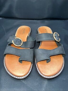 Coach Black Leather Double-Strap Slide Sandals with Gold Buckles